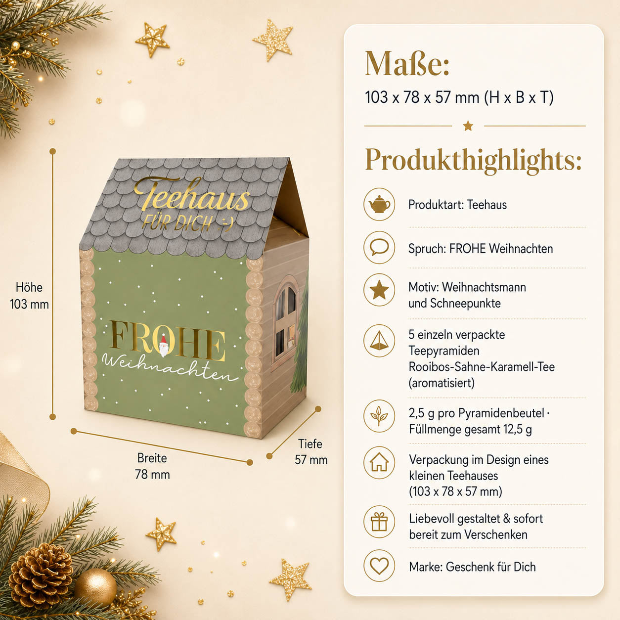 Teehaus Frohe Weihnachten – Maße und Produkthighlights, 5 Teepyramiden Rooibos-Sahne-Karamell