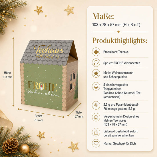 Teehaus Frohe Weihnachten – Maße und Produkthighlights, 5 Teepyramiden Rooibos-Sahne-Karamell