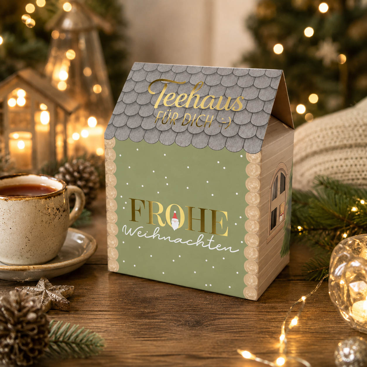 Teehaus Frohe Weihnachten Salbeigrün stimmungsvoll mit Tannengrün – Geschenk für Dich