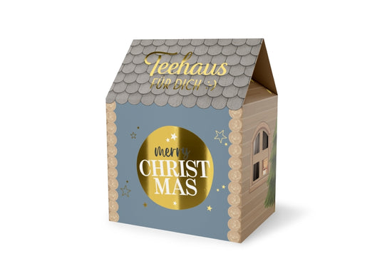 Teehaus mit Spruch Merry Christmas in Blaugrau mit goldenem Kreis, Rooibos-Sahne-Karamell-Tee – Geschenk für Dich