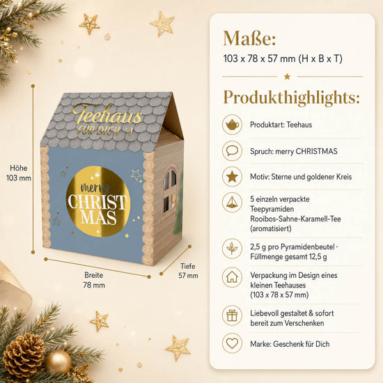 Teehaus Merry Christmas – Maße und Produkthighlights, 5 Teepyramiden Rooibos-Sahne-Karamell