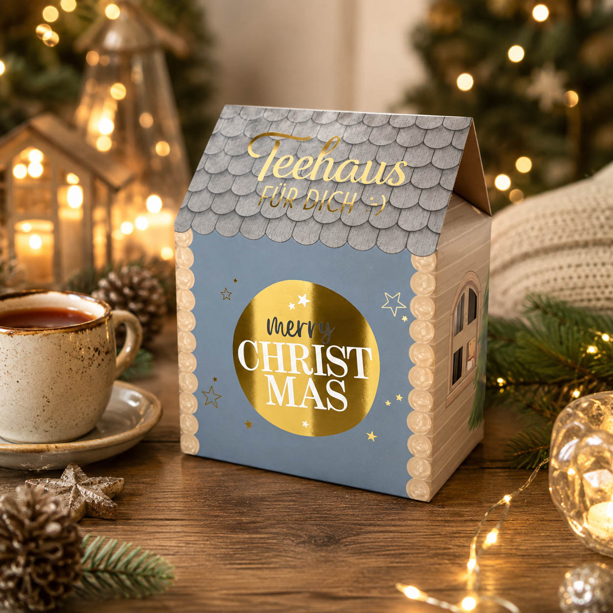 Teehaus Merry Christmas Blaugrau stimmungsvoll mit Tannengrün – Geschenk für Dich