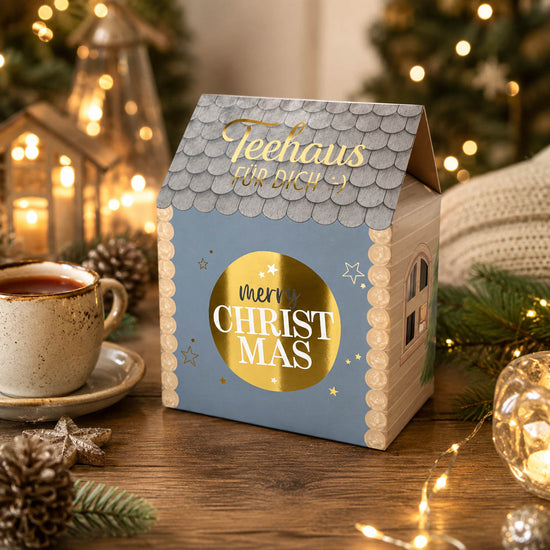 Teehaus Merry Christmas Blaugrau stimmungsvoll mit Tannengrün – Geschenk für Dich