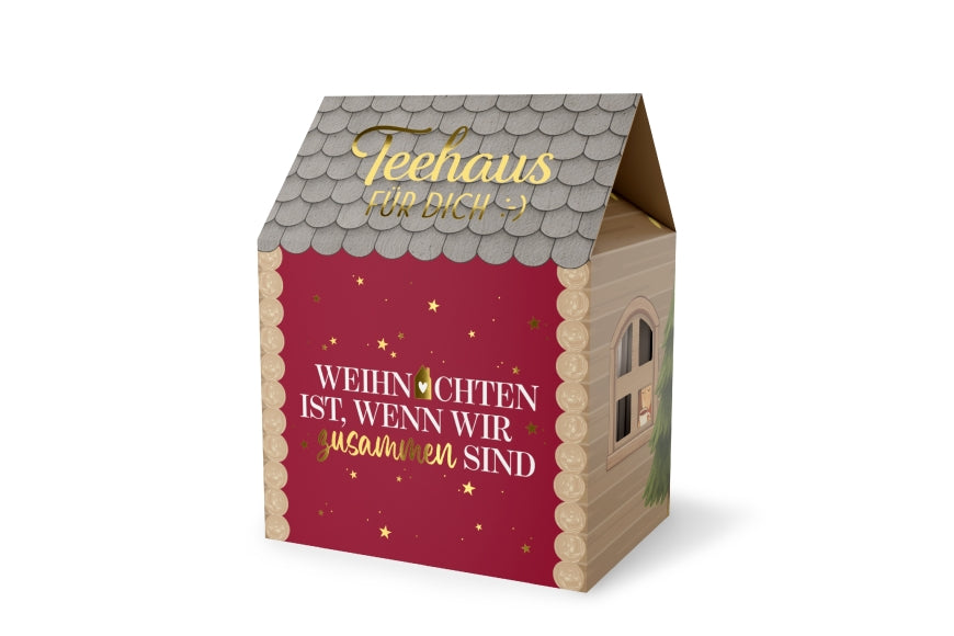 Teehaus mit Spruch Weihnachten ist wenn wir zusammen sind in Weinrot mit goldenen Sternen, Rooibos-Sahne-Karamell-Tee – Geschenk für Dich