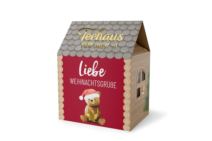 Teehaus für Dich Liebe Weihnachtsgrüße in Rot mit Bär-Motiv, 5 Teepyramiden Rooibos-Sahne-Karamell – Geschenk für Dich