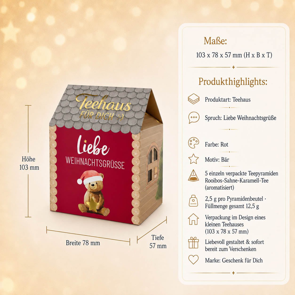 Infografik Teehaus Liebe Weihnachtsgrüße – Maße 103 x 78 x 57 mm, 5 Teepyramiden Rooibos-Sahne-Karamell, 12,5 g