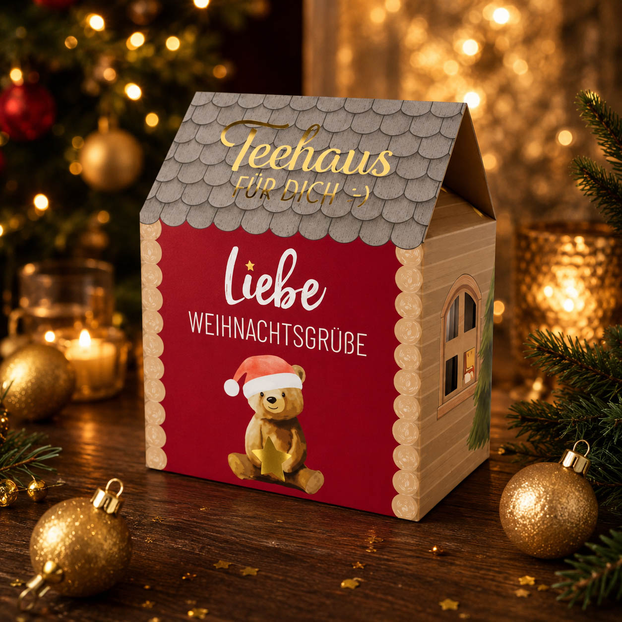 Teehaus Liebe Weihnachtsgrüße im Haus-Design mit goldenen Geschenken und festlicher Weihnachtsdeko