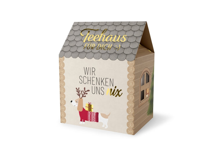 Teehaus für Dich Wir schenken uns nix in Creme mit Dackel im Weihnachtspulli, 5 Teepyramiden Rooibos-Sahne-Karamell – Geschenk für Dich
