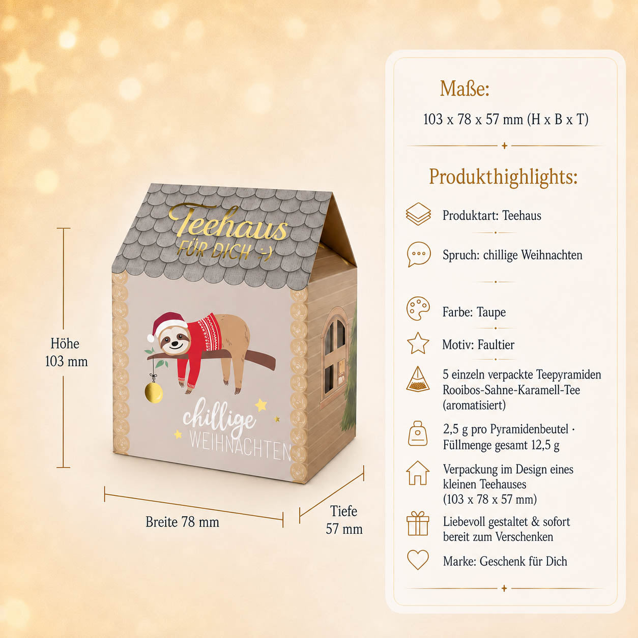 Infografik Teehaus Chillige Weihnachten – Maße 103 x 78 x 57 mm, 5 Teepyramiden Rooibos-Sahne-Karamell, 12,5 g