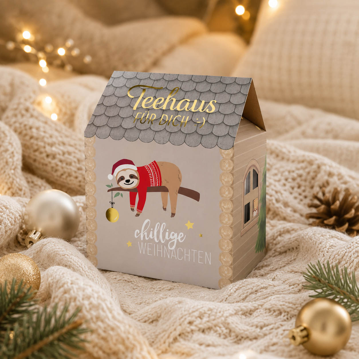 Teehaus Chillige Weihnachten im Haus-Design mit goldenen Geschenken und festlicher Weihnachtsdeko