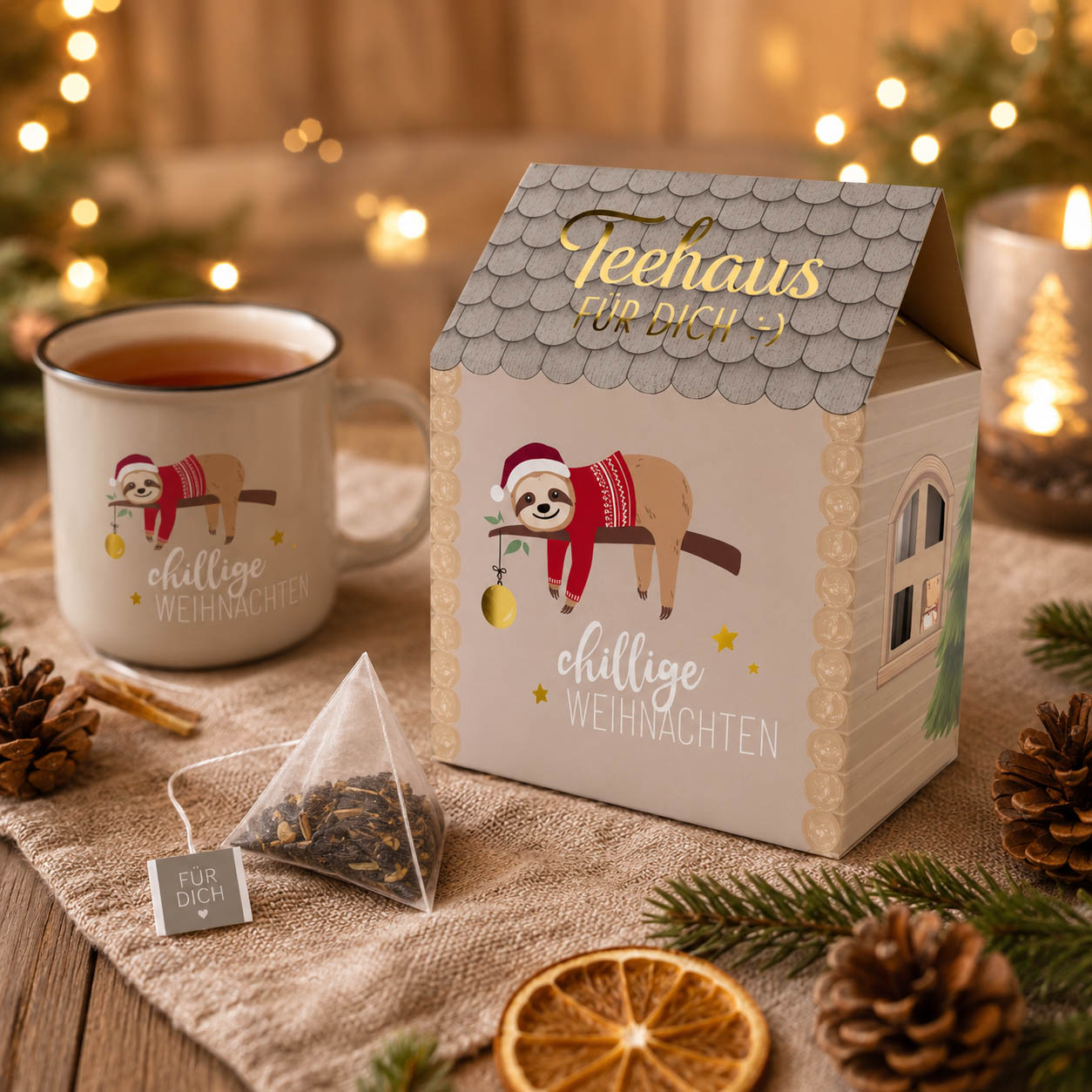 Teehaus Chillige Weihnachten mit dampfender Tasse Tee und Teepyramide auf kuscheliger Weihnachtsdecke