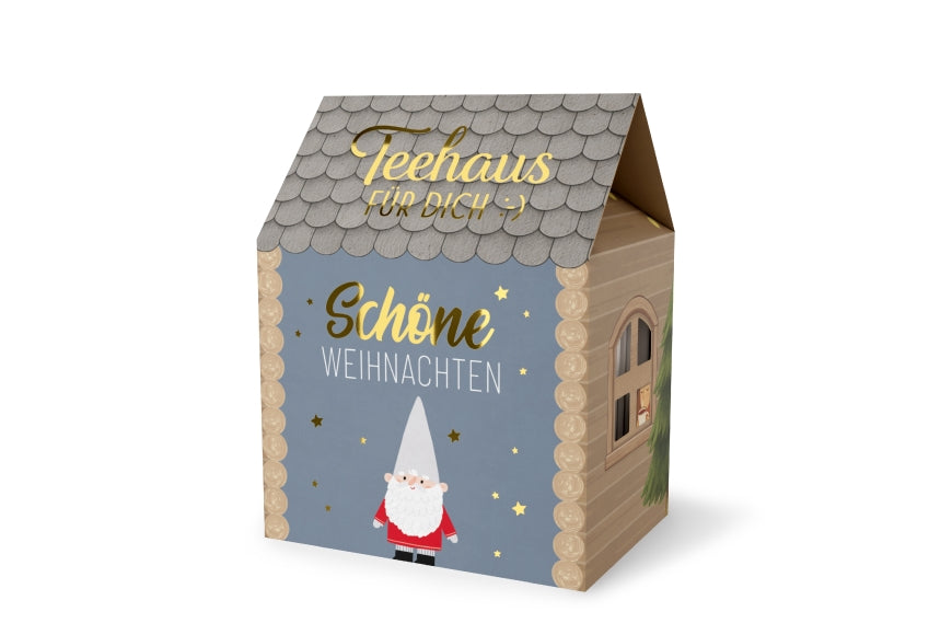 Teehaus für Dich Schöne Weihnachten in Grau mit Wichtel-Motiv, 5 Teepyramiden Rooibos-Sahne-Karamell – Geschenk für Dich