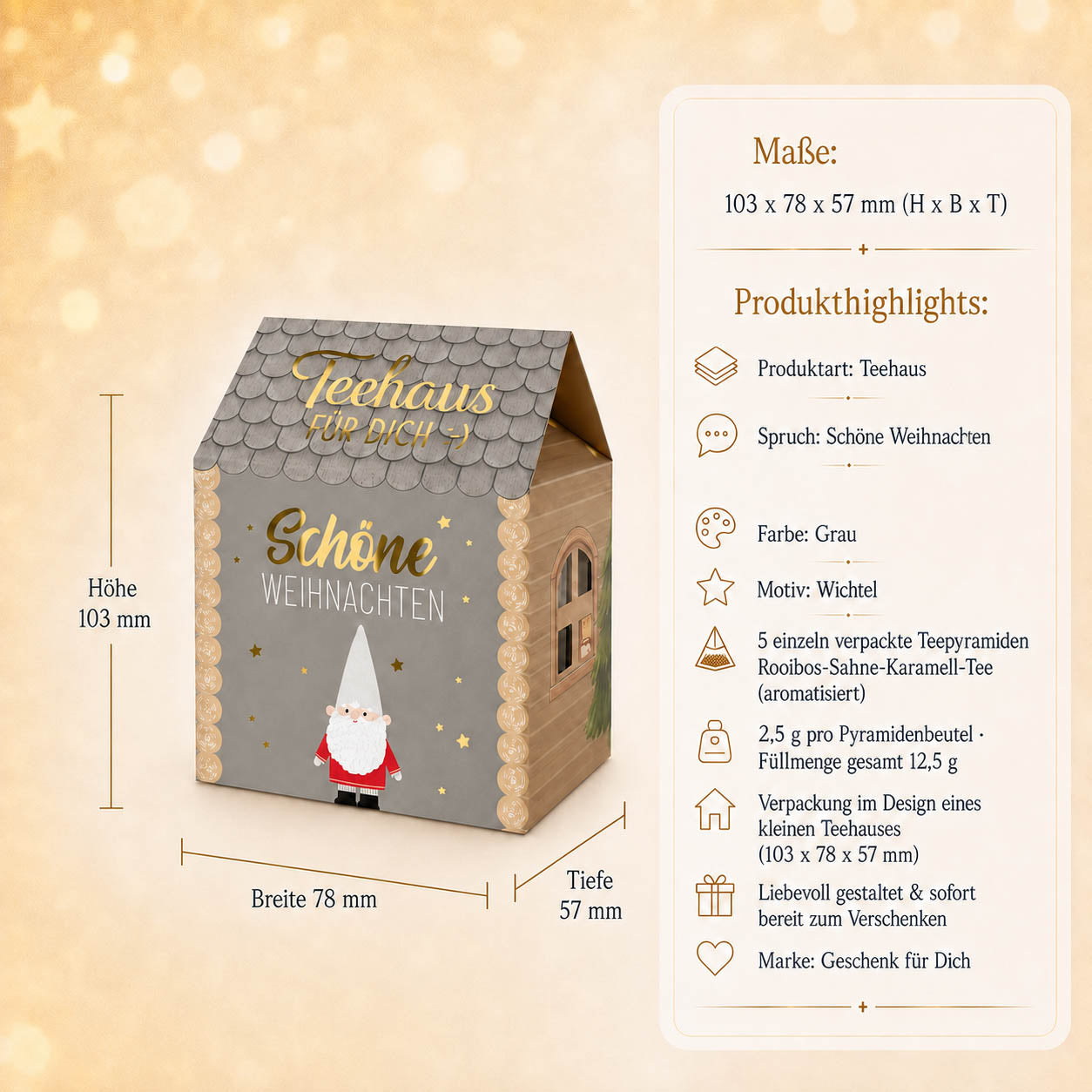 Infografik Teehaus Schöne Weihnachten Wichtel – Maße 103 x 78 x 57 mm, 5 Teepyramiden Rooibos-Sahne-Karamell, 12,5 g