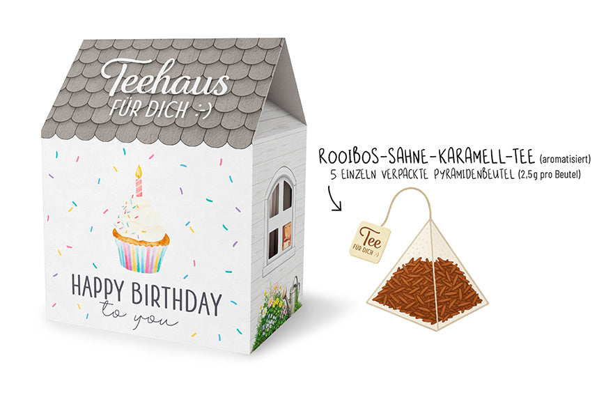 Teehaus für Dich »Happy Birthday to you« – Liebe Wünsche, Cupcake mit Kerze und Konfetti, Rooibos-Sahne-Karamell-Tee