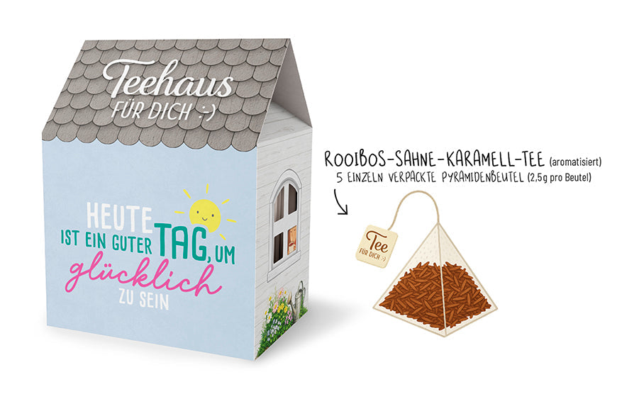 Teehaus für Dich »Heute ist ein guter Tag, um glücklich zu sein« Blau – Rooibos-Sahne-Karamell-Tee, 5 Pyramidenbeutel
