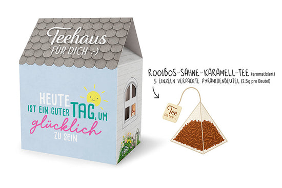 Teehaus für Dich »Heute ist ein guter Tag, um glücklich zu sein« Blau – Rooibos-Sahne-Karamell-Tee, 5 Pyramidenbeutel