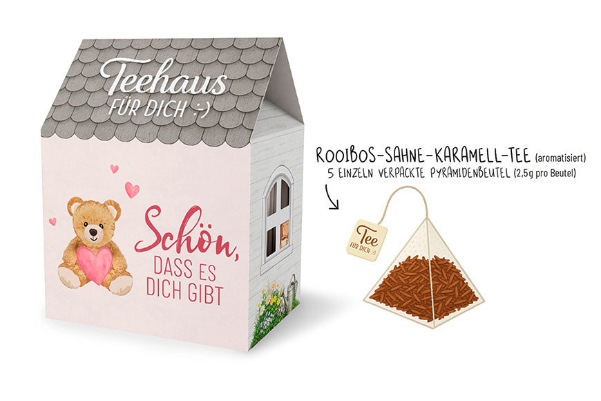 Teehaus für Dich »Schön, dass es dich gibt« – Liebe Wünsche, Teddybär mit Herz, Rooibos-Sahne-Karamell-Tee