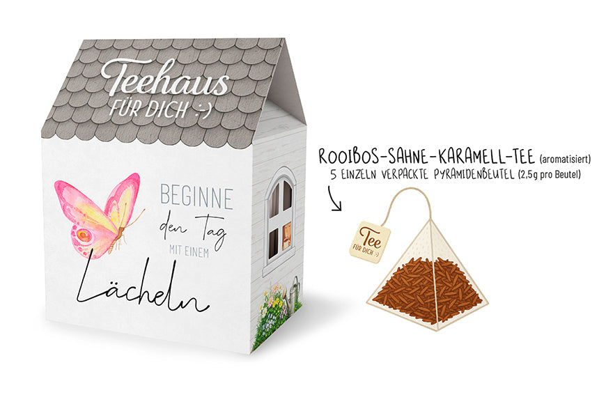Teehaus für Dich »Beginne den Tag mit einem Lächeln« – Lovely Greetings Schmetterling mit Rooibos-Sahne-Karamell-Tee