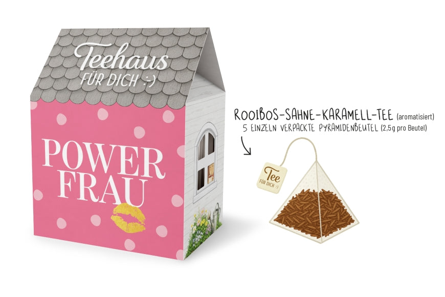 Teehaus für Dich »Power Frau« – Auf uns Mädels, pinkes Teehaus mit goldenem Kussmund, Rooibos-Sahne-Karamell-Tee