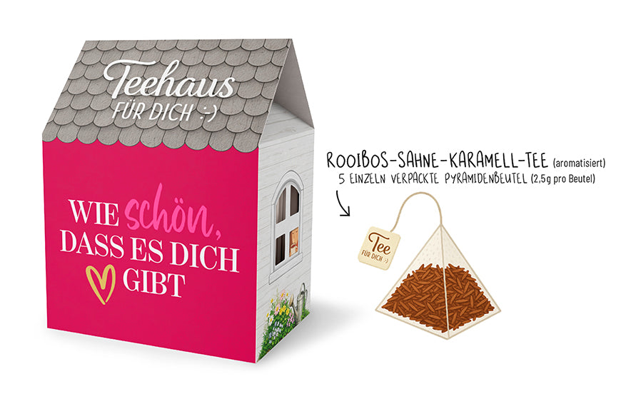 Teehaus für Dich »Wie schön, dass es dich gibt« – Auf uns Mädels, pinkes Teehaus mit Herz, Rooibos-Sahne-Karamell-Tee
