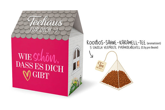Teehaus für Dich »Wie schön, dass es dich gibt« – Auf uns Mädels, pinkes Teehaus mit Herz, Rooibos-Sahne-Karamell-Tee