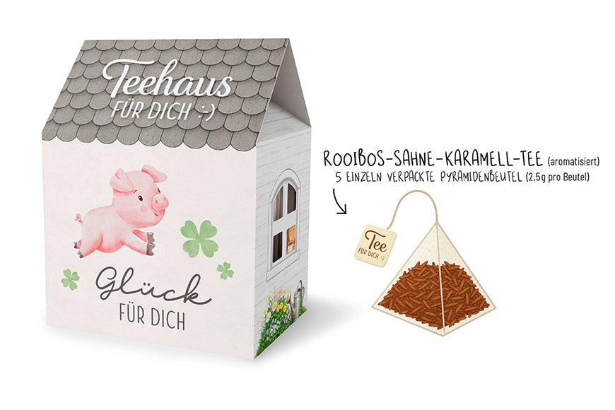Teehaus für Dich »Glück für dich« – Liebe Wünsche, Glücksschwein mit Kleeblättern, Rooibos-Sahne-Karamell-Tee