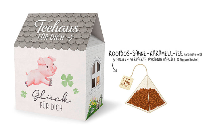 Teehaus für Dich »Glück für dich« – Liebe Wünsche, Glücksschwein mit Kleeblättern, Rooibos-Sahne-Karamell-Tee