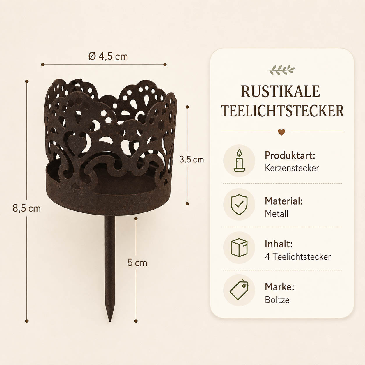 Maßangaben des Kerzensteckers: Ø 4,5 cm Schale, 3,5 cm Schalenhöhe, 5 cm Dorn, Material Metall, 4er Set von Boltze