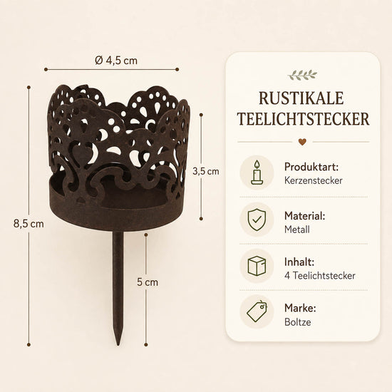 Maßangaben des Kerzensteckers: Ø 4,5 cm Schale, 3,5 cm Schalenhöhe, 5 cm Dorn, Material Metall, 4er Set von Boltze