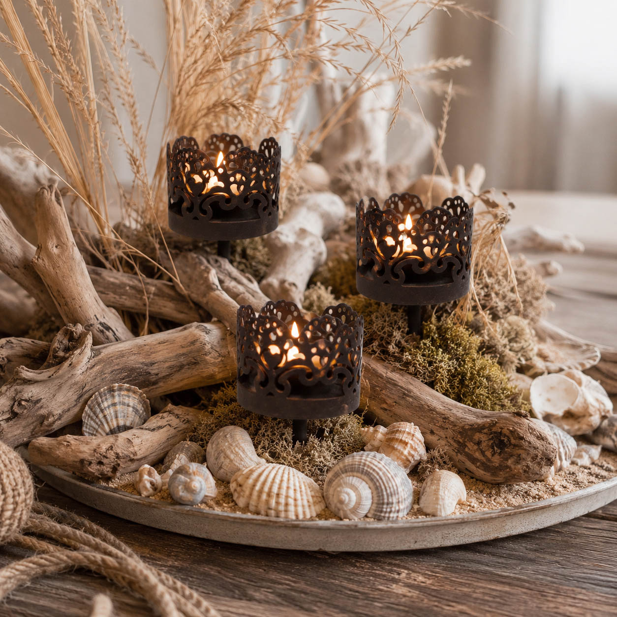 Drei Kerzenstecker in einem Treibholz-Arrangement mit Muscheln und Sand auf einem Keramikteller