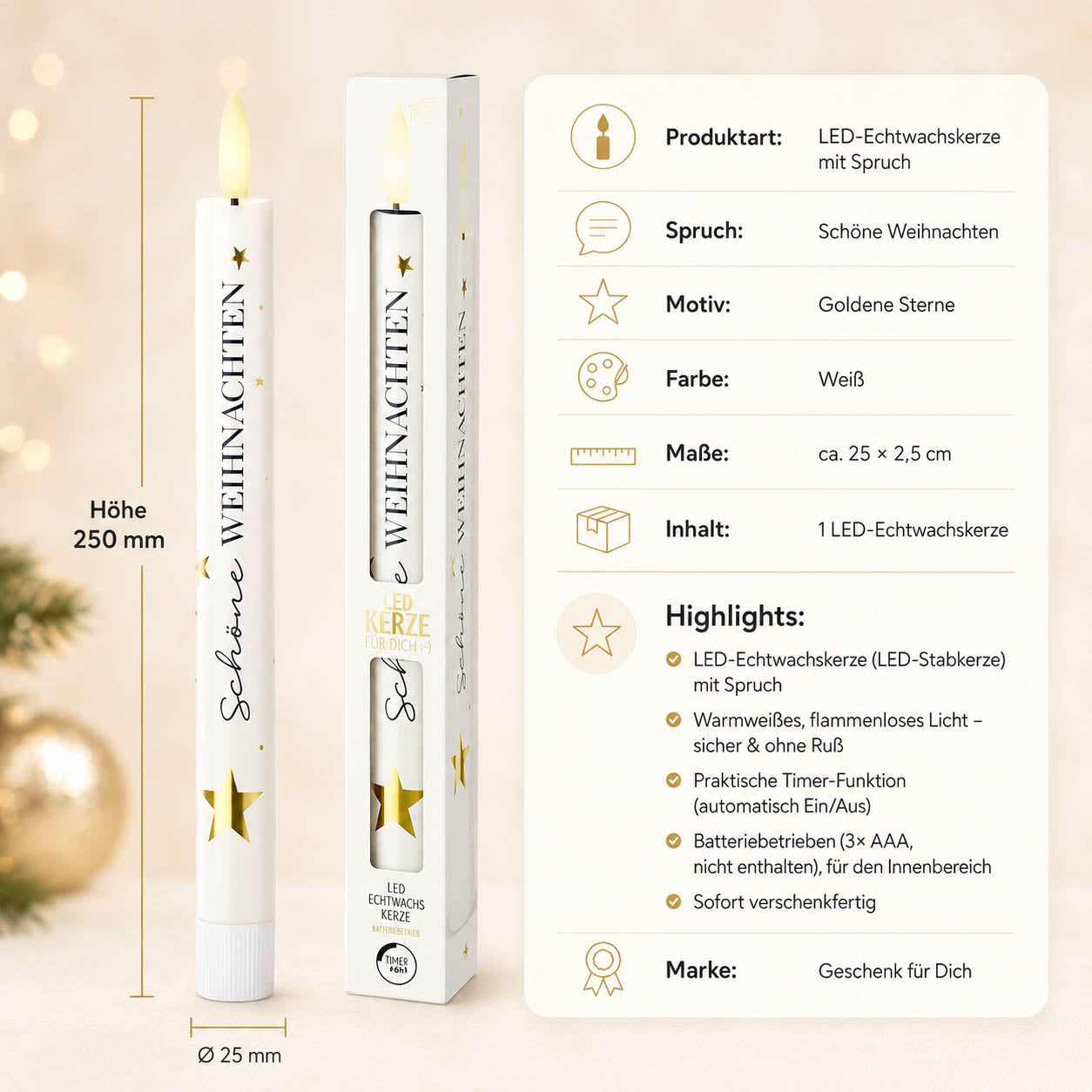 LED-Stabkerze „Schöne Weihnachten“ – Highlights: LED-Echtwachskerze, Timer, 3x AAA, Maße 25 x 2,5 cm