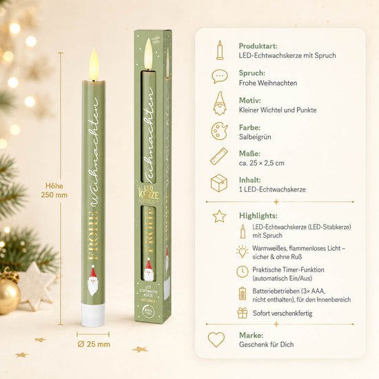 LED-Stabkerze „Frohe Weihnachten“ – Highlights: LED-Echtwachskerze, Timer, 3x AAA, Maße 25 x 2,5 cm