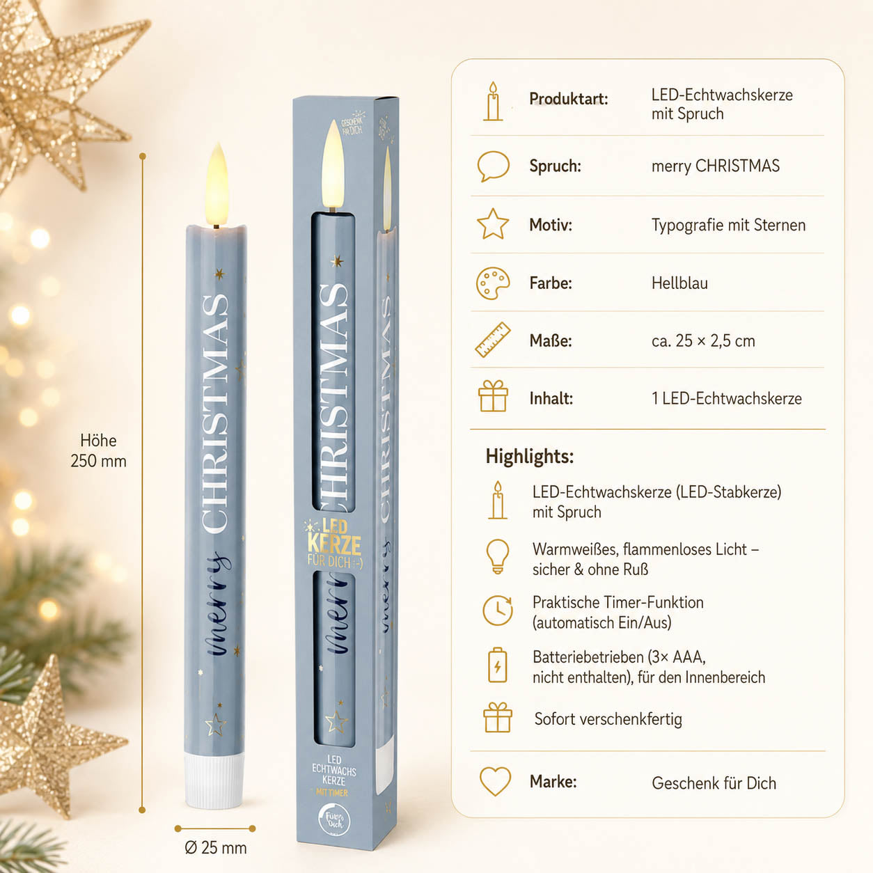 LED-Stabkerze „Merry Christmas“ – Highlights: LED-Echtwachskerze, Timer, 3x AAA, Maße 25 x 2,5 cm