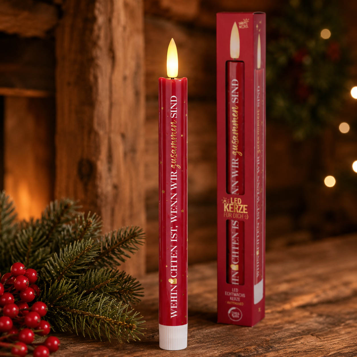 LED-Stabkerze „Weihnachten ist, wenn wir zusammen sind“ – Stimmungsbild im weihnachtlichen Ambiente