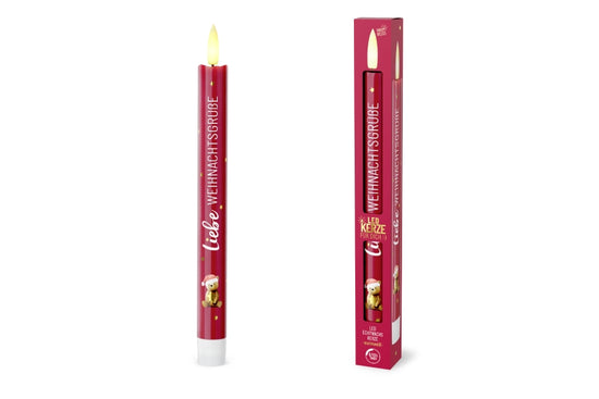 LED-Stabkerze Liebe Weihnachtsgrüße mit Teddybär-Motiv, beerenfarben, flammenlose Echtwachskerze – Geschenk für Dich