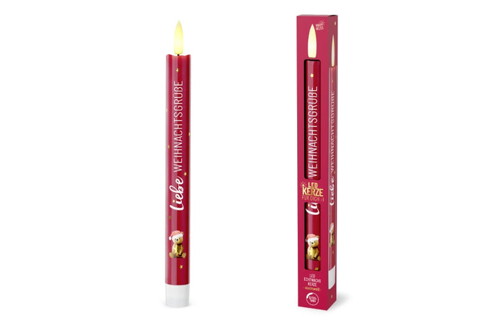 LED-Stabkerze Liebe Weihnachtsgrüße mit Teddybär-Motiv, beerenfarben, flammenlose Echtwachskerze – Geschenk für Dich