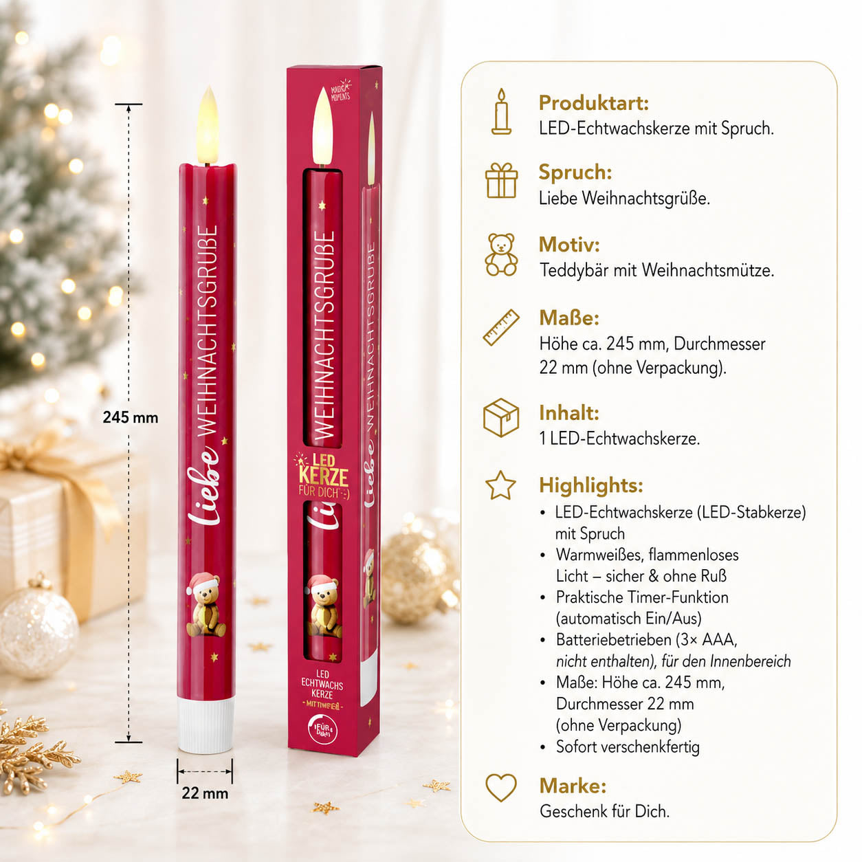 LED-Stabkerze Liebe Weihnachtsgrüße – Highlights, LED-Echtwachs, Timer, 3x AAA, Höhe 245 mm