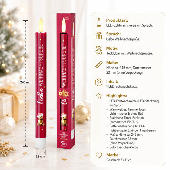 LED-Stabkerze Liebe Weihnachtsgrüße – Highlights, LED-Echtwachs, Timer, 3x AAA, Höhe 245 mm