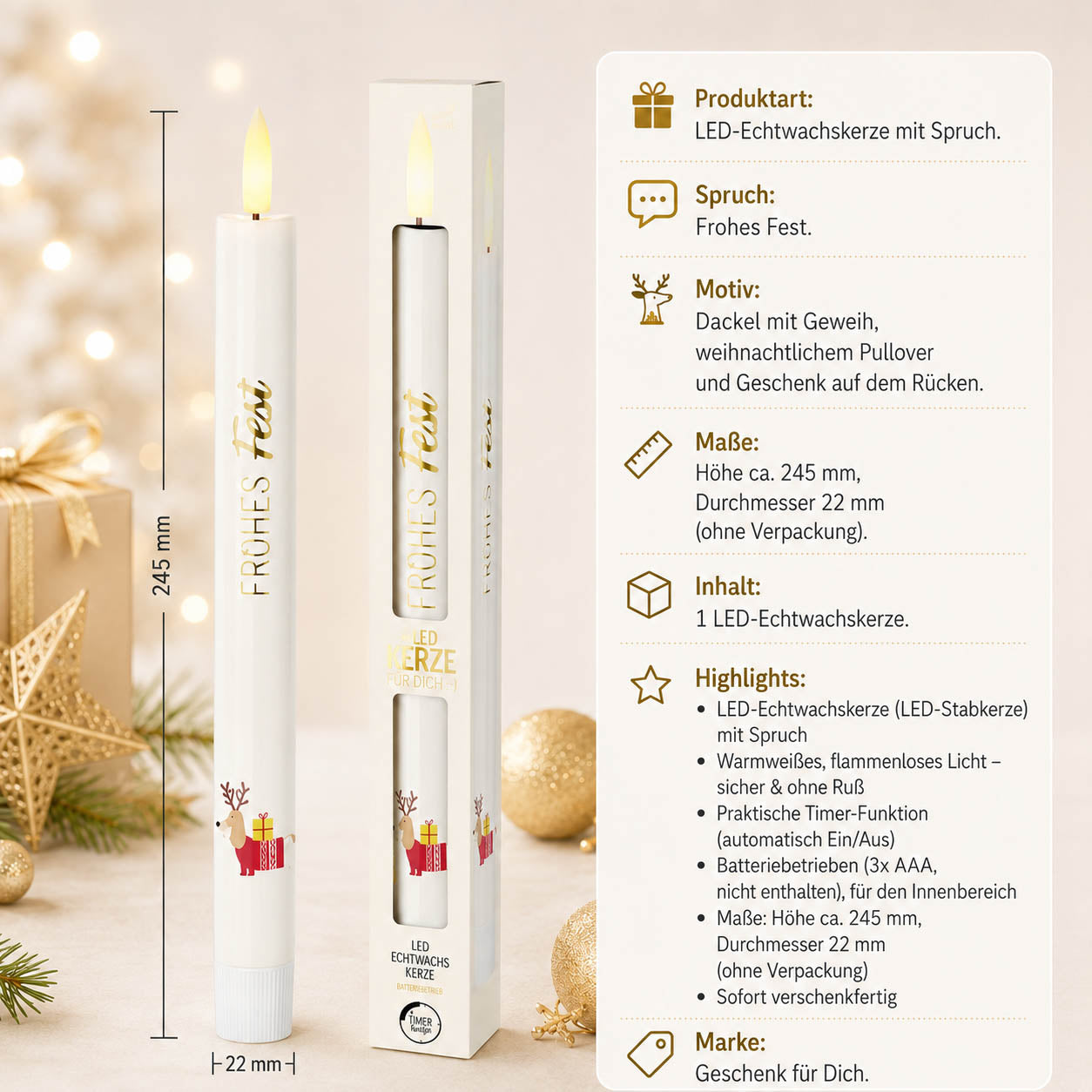 LED-Stabkerze Frohes Fest – Highlights, LED-Echtwachs, Timer, 3x AAA, Höhe 245 mm