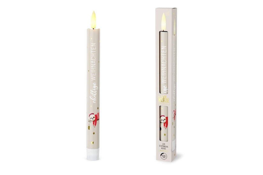 LED-Stabkerze chillige Weihnachten mit Faultier-Motiv, creme, flammenlose Echtwachskerze – Geschenk für Dich