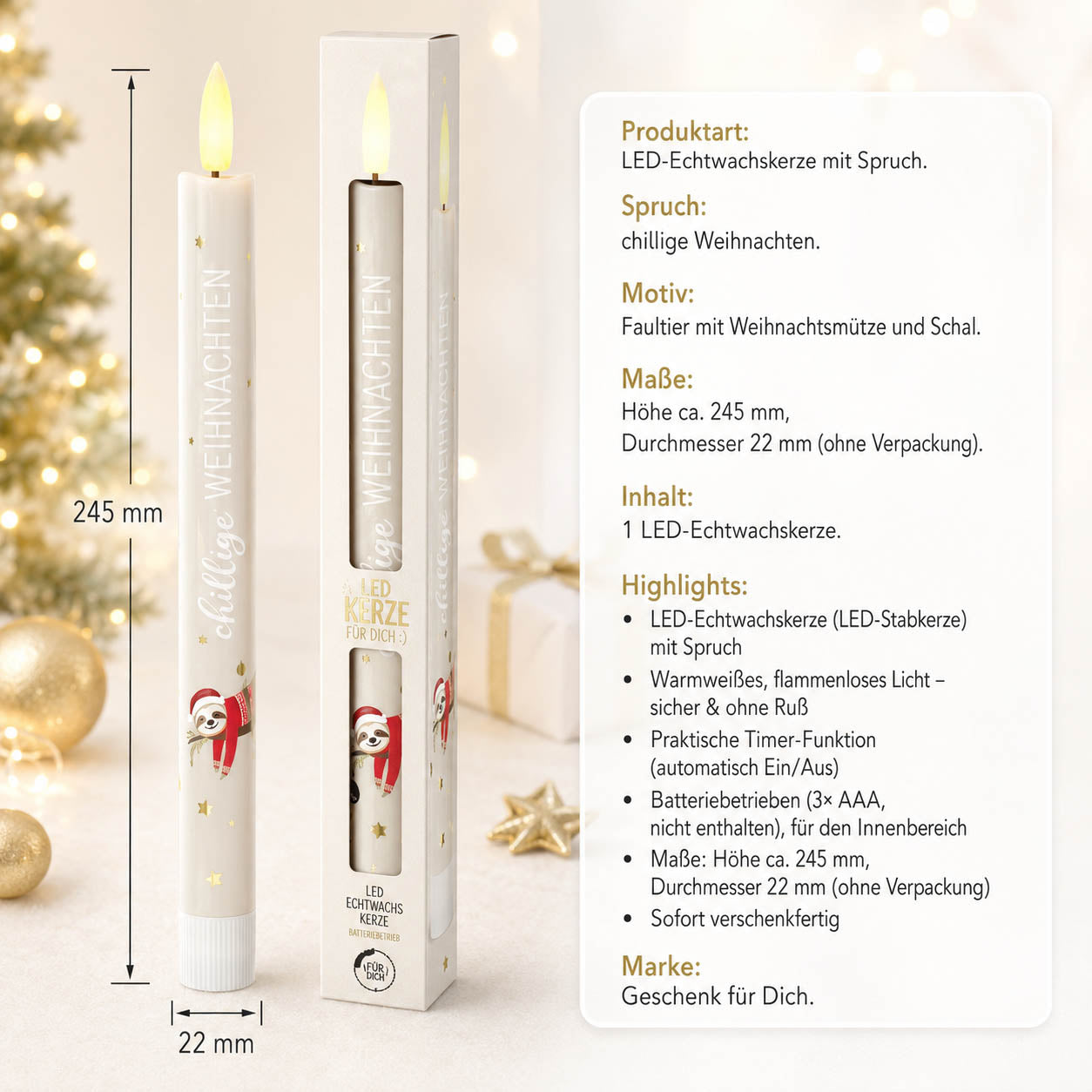 LED-Stabkerze chillige Weihnachten – Highlights, LED-Echtwachs, Timer, 3x AAA, Höhe 245 mm