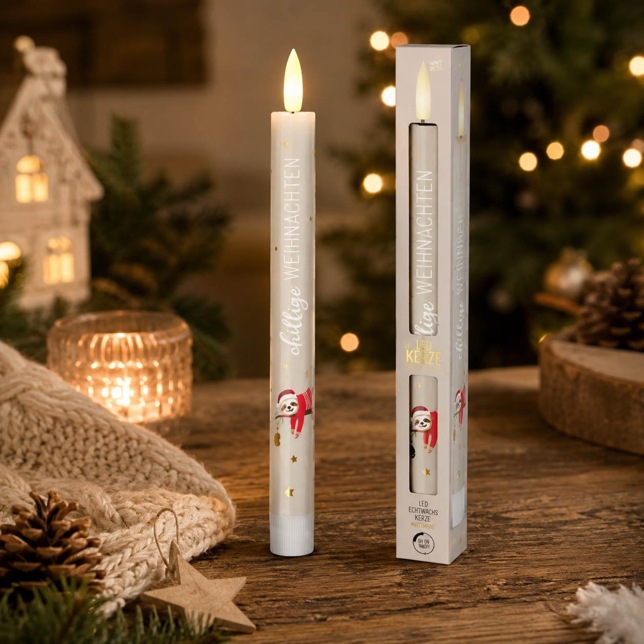 LED-Stabkerze chillige Weihnachten Faultier stimmungsvoll mit Weihnachtsdeko – Geschenk für Dich