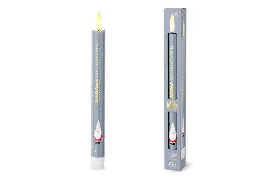 LED-Stabkerze Schöne Weihnachten mit Weihnachtswichtel-Motiv, blaugrau, flammenlose Echtwachskerze – Geschenk für Dich