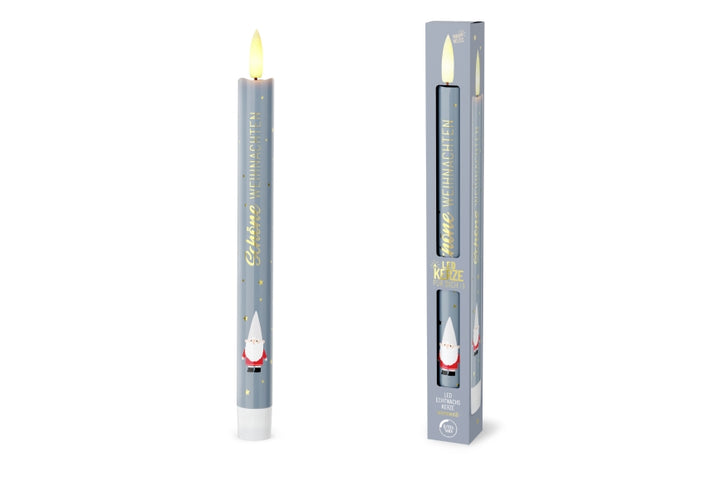 LED-Stabkerze Schöne Weihnachten mit Weihnachtswichtel-Motiv, blaugrau, flammenlose Echtwachskerze – Geschenk für Dich