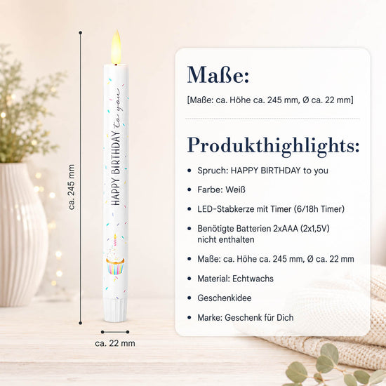 LED-Stabkerze „Happy Birthday to you" Detailansicht – Liebe Wünsche