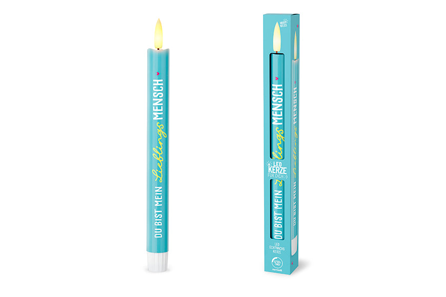 LED-Stabkerze „Du bist mein Lieblingsmensch" in Petrol mit Verpackung – Happy Greetings