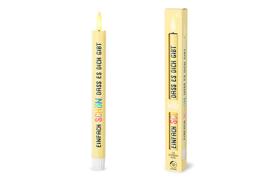 LED-Stabkerze „Einfach schön, dass es dich gibt" in Gelb mit Verpackung – Happy Greetings