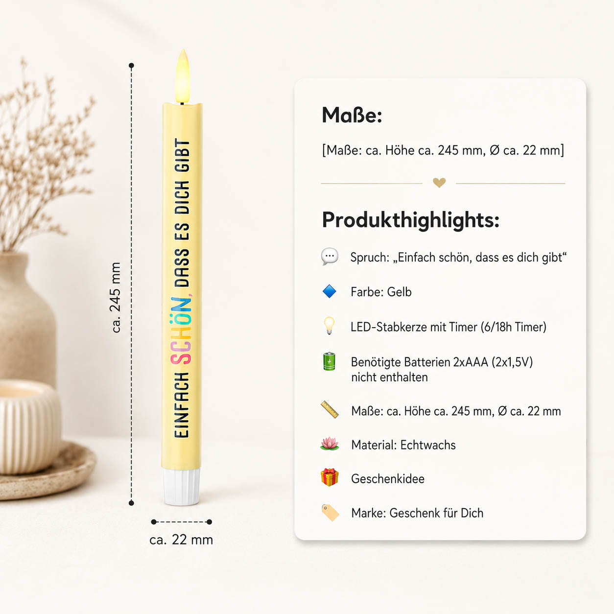 LED-Stabkerze „Einfach schön, dass es dich gibt" in Gelb – Produktansicht