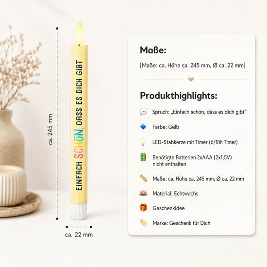 LED-Stabkerze „Einfach schön, dass es dich gibt" in Gelb – Produktansicht