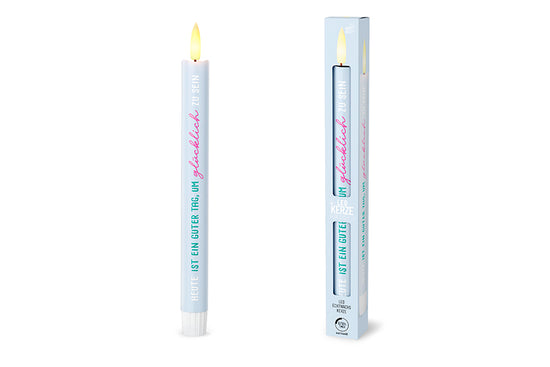 LED-Stabkerze „Heute ist ein guter Tag, um glücklich zu sein" in Blau mit Verpackung – Happy Greetings